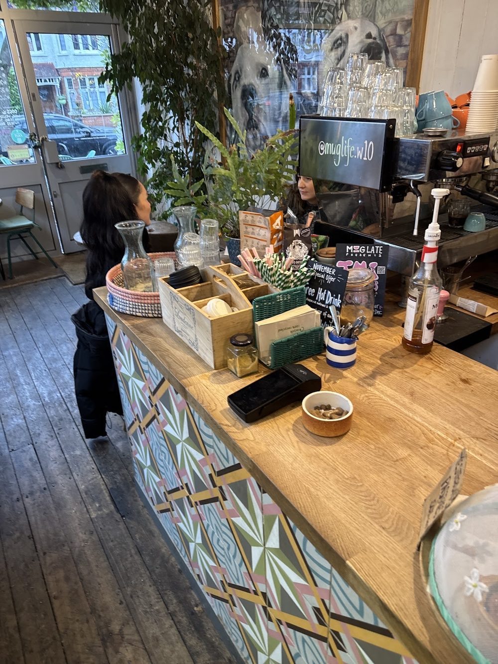 The patterned tile counter and wooden top, with till, plants and shelves of stock